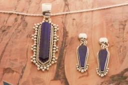 Artie Yellowhorse 3" long, Genuine Blue Lapis Sterling Silver Pendant and Post Earrings Set